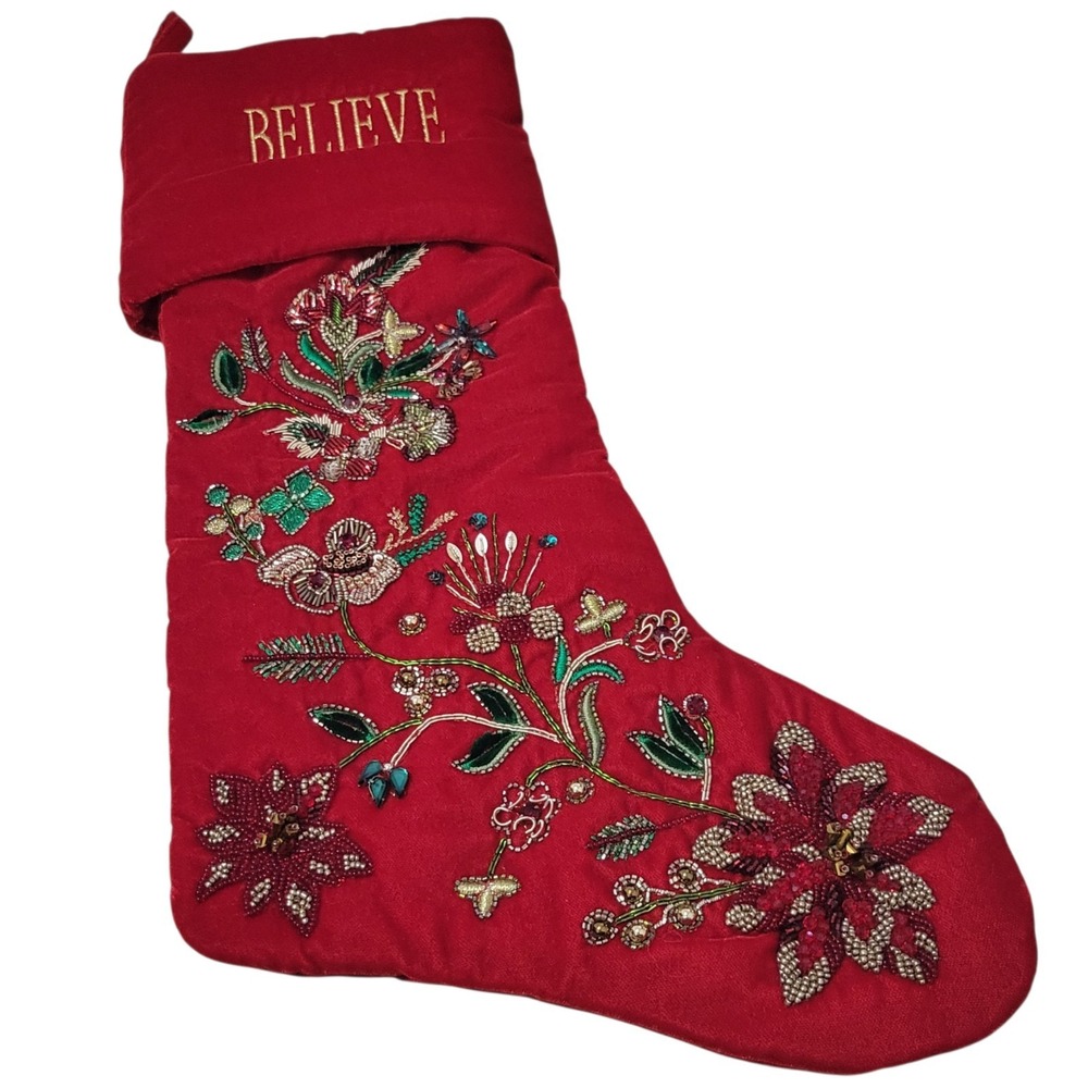 Frontgate Red Velvet Christmas Stocking Beaded Floral Sequin Believe Holiday